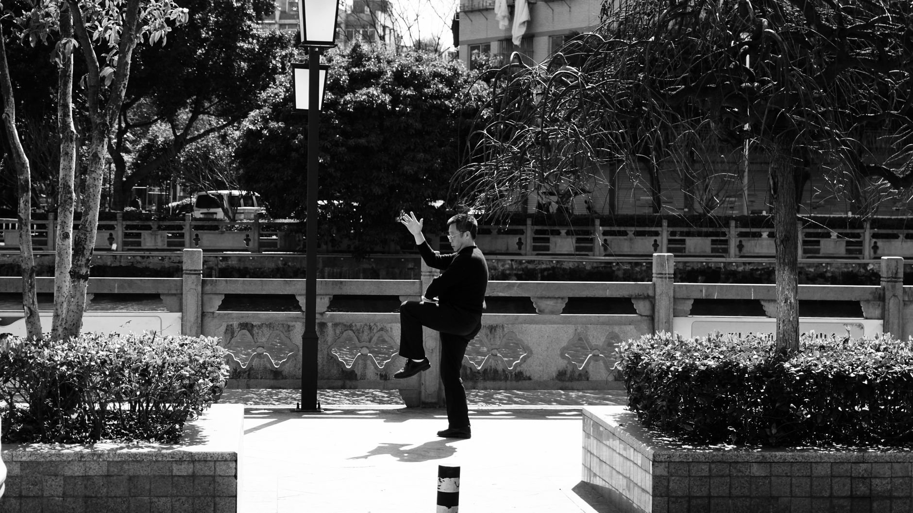 Serene photo of a man practicing Tai Chi in an urban park.